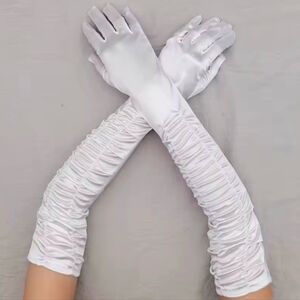 Beloved Millinery Stunning White Runched Satin Elbow Gloves Bridal Tea Church